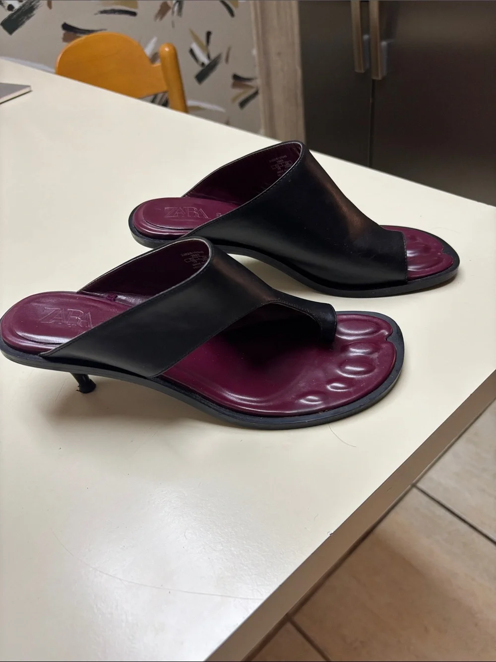 Zara Black Slide Sandal with Burgundy Insole and Kitten Heel